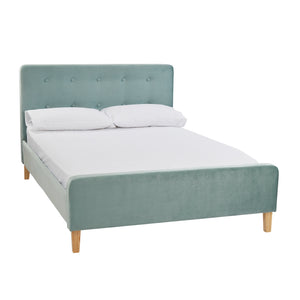 Pierre 5.0 Kingsize Bed Aqua LPD PIERRE5.0* 5036464058672 Crushed Velvet Colour: Aqua Dimensions: 1040mm x 1605mm x 2170mm The Pierre King Size Bed is a simple yet stylish soft, velvet aqua upholstered bed with contrasting light wooden legs and a classic button detail to the headboard. Elegantly clad in the same aqua upholstery as the headboard, the frame and footboard is inviting and sumptuous. Characterising a relaxing and calm environment, this bed is delicious in its design and will make any bedroom int