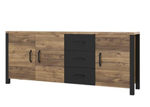 Load image into Gallery viewer, Olin 47 Sideboard Cabinet Arte-N 24ABJC47 Beautifully tailored finished in a timeless oak decor with black matt, this elegant sideboard cabinet will effortlessly blend in any modern or contemporary interior. It is made from 16mm laminated board. The three drawers all feature a durable, smooth-running mechanism. The three hinged doors can be used to store all kinds of living room dining area essentials, including glassware, crockery wine collection. W192cm x H79cm x D43cm Colours: Body Decor: Appenzeller Fic