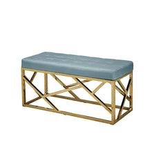 Load image into Gallery viewer, Renata Bench Green LPD RENGREEN 5036464067704 Velvet Colour: Green Dimensions: 460mm x 1000mm x 400mm Our Renata bench comes in 5 colour options, a soft upholstered seat pad resting on a gold geometric style frame. This bench will add a little vintage glamour to any home.