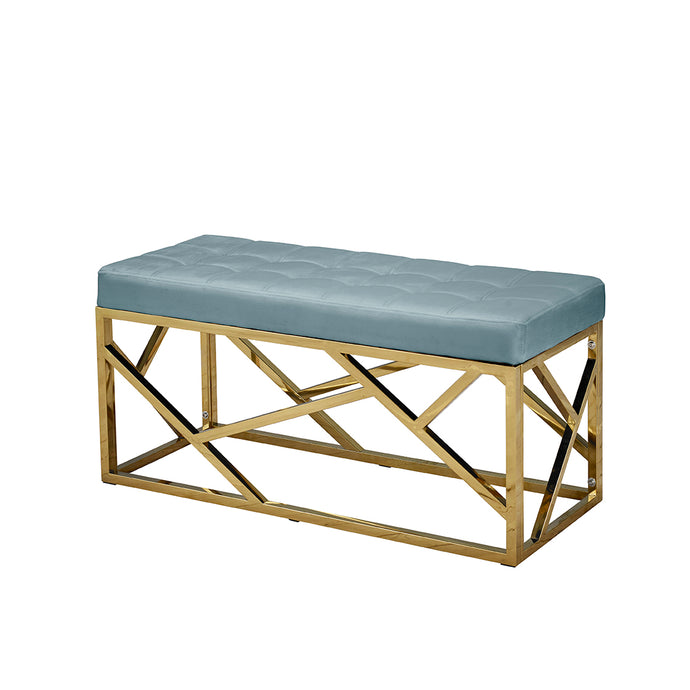 Renata Bench Green LPD RENGREEN 5036464067704 Velvet Colour: Green Dimensions: 460mm x 1000mm x 400mm Our Renata bench comes in 5 colour options, a soft upholstered seat pad resting on a gold geometric style frame. This bench will add a little vintage glamour to any home.