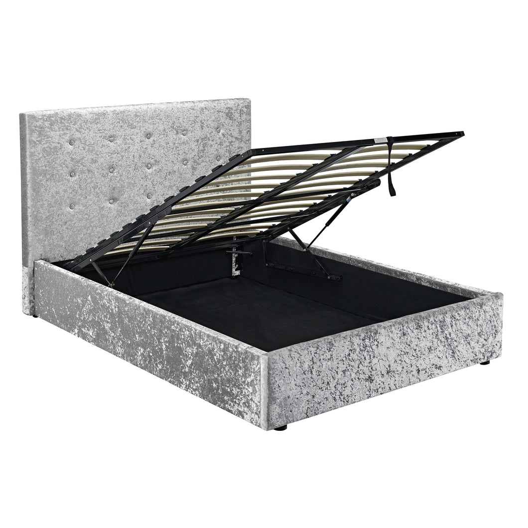 Rimini 4.6 Double Bed Silver LPD RIMINI4.6* 5036464045139 Crushed Velvet Colour: Silver Dimensions: 1130mm x 1570mm x 2075mm The Rimini Double Bed is a decadent and luxurious bed offering more than meets the eye. Enveloped in a sumptuous grey crushed velvet fabric upholstery with coordinating button detail to the headboard, this gorgeous bed frame is sure to be a relaxing and eye-catching addition to any bedroom. When space is at a premium, this versatile ottoman bed provides a generous hidden storage capac