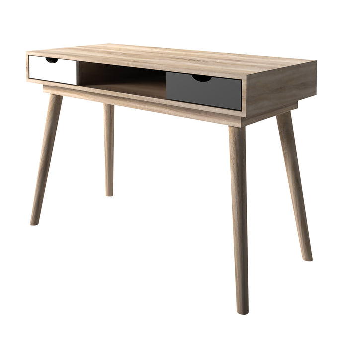 Scandi Desk Oak With Grey And White Drawers LPD SCANDIDESKGREY 5036464057118 MDF Colour: Grey Dimensions: 786mm x 1100mm x 500mm Completing an affordable, retro range of furniture, the Scandi Oak Desk features angled legs and a large table surface inlaid with 2 drawers for storage. Finished in oak, with accent white and grey drawers, this design is ideal for those looking for unique style, practical storage options and something a bit more adventurous from living area.