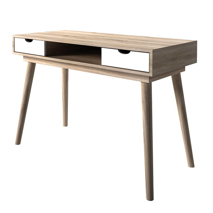 Scandi Desk Oak With White Drawers LPD SCANDIDESKWHI 5036464057101 MDF Colour: White Dimensions: 786mm x 1100mm x 500mm Completing an affordable, retro range of furniture, the Scandi Oak Desk features angled legs and a large table surface inlaid with 2 drawers for storage. Finished in oak with accent white drawers, this design is ideal for those looking for unique style, practical storage options and something a bit more adventurous from living area.