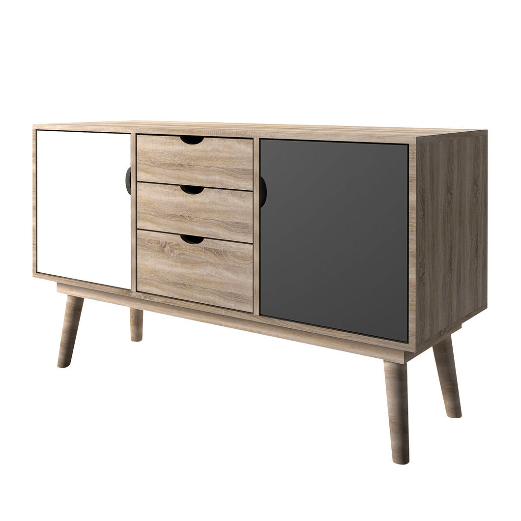 Scandi Oak 2 Door Sideboard Grey LPD SCANDISIDEGREY* 5036464057095 MDF Colour: Grey Dimensions: 770mm x 1250mm x 450mm Completing an affordable, retro range of furniture, the Scandi 3 Drawer Oak Sideboard features angled legs and a large table surface inlaid with 2 cupboards and 3 drawer combination for storage. Finished in oak, with accent white and grey doors, this design is ideal for those looking for unique style, practical storage options and something a bit more adventurous from living area.