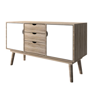 Scandi Oak 2 Door Sideboard White LPD SCANDISIDEWHI* 5036464057088 MDF Colour: White Dimensions: 770mm x 1250mm x 450mm Completing an affordable, retro range of furniture, the Scandi 3 Drawer Oak Sideboard features angled legs and a large table surface inlaid with 2 cupboards and 3 drawer combination for storage. Finished in oak with accent white cupboard doors, this design is ideal for those looking for unique style, practical storage options and something a bit more adventurous from living area.