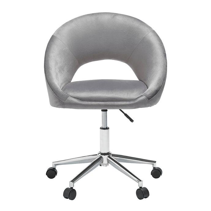 Skylar Office Chair Grey LPD SKYLGREY 5036464073835 Velvet Colour: Grey Dimensions: 900mm x 640mm x 58mm Modern and contemporary, the Skylar will offer a soft, art deco feels to your home office space. Upholstered in velvet in a choice of 2 colours, complete with chromed silver legs.