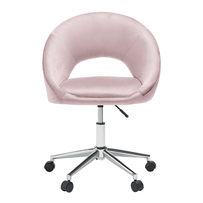 Skylar Office Chair Pink LPD SKYLPINK 5036464073842 Velvet Colour: Pink Dimensions: 900mm x 640mm x 58mm Modern and contemporary, the Skylar will offer a soft, art deco feels to your home office space. Upholstered in velvet in a choice of 2 colours, complete with chromed silver legs.