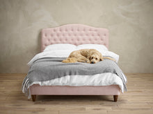 Load image into Gallery viewer, Sorrento Double Bed Pink LPD SORENPINK4.6* 5036464065298 Colour: Pink Dimensions: 1210mm x 1590mm x 2115mm The Sorrento sets an elegant tone to any bedroom by using its soft, undulating headboard. This Manufactured with a traditional design and using upholstered pink Chenille fabric or silver velvet, this design will look gorgeous against any décor or background.