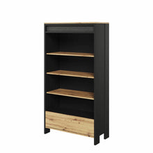 Load image into Gallery viewer, Spot SP-03 Bookcase Arte-N SPOT SP-03 Featuring four large open compartments one spacious drawer for storage, the Spot bookcase offers plenty of space for you to store your favourite books display eye-catching ornaments. The bookcase is crafted from 16mm laminated board with a sophisticated black matt finish that complements most modern interiors. The oak accents give it a warm look that&#39;s perfect for cosy living rooms bedrooms. W72cm x H161cm x D38cm Colour: Front: Oak Artisan Carcass: Black Matt Three She