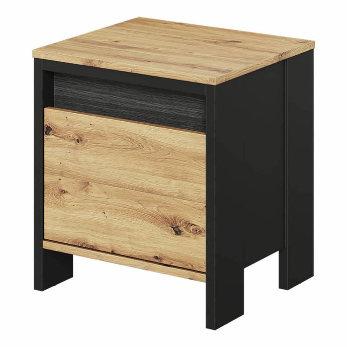 Spot SP-09 Bedside Cabinet Arte-N SPOT SP-09 Create rustic, industrial charm in your bedroom with the contemporary Spot collection, expertly crafted from black matt, with Oak Artisan accents. Perfect for a statement look, this bedside cabinet is finished to an exceptionally high stard – it comes included with an exclusive LED lighting kit a spacious drawer for storage. W45cm x H51cm x D38cm Colour: Front: Oak Artisan Carcass: Black Matt Drawer LED Lighting Included Matching Furniture Available Made from 16m