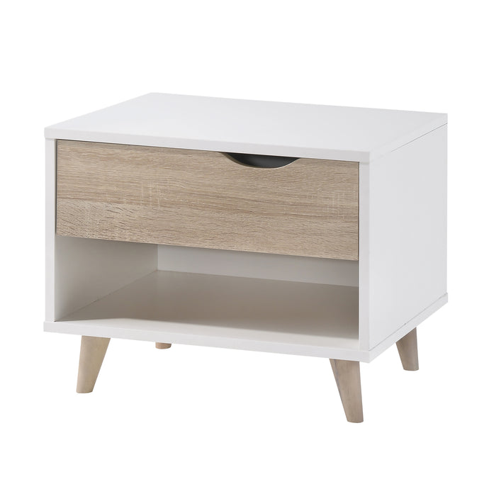 Stockholm 1 Drawer Bedside White-Oak LPD STOCKHCAB1DR 5036464057057 Particle Board Colour: White Dimensions: 400mm x 500mm x 390mm The Stockholm Bedside Cabinet is part of the smart look of the Stockholm range. Offered at a very attractive price, the cabinet is comprised of a matt white finish carcass resting on delicate legs with a single drawer featuring an integral handle. The ever popular oak front detail on the drawer coordinates the Cabinet with the rest of the Stockholm range. Perfect for creating a 