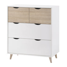 Load image into Gallery viewer, Stockholm 4 Drawer Chest White-Oak LPD STOCKH4DR 5036464057033 Particle Board Colour: White Dimensions: 900mm x 820mm x 390mm The Stockholm 4 Drawer Chest is part of the smart look of the Stockholm range. Offered at a very attractive price, the chest of drawers is comprised of a matt white finish carcass resting on delicate legs with 4 drawers of varying sizes featuring integral handles. The ever popular oak front detail on 2 drawers coordinates the Chest with the rest of the Stockholm range. Perfect for cr