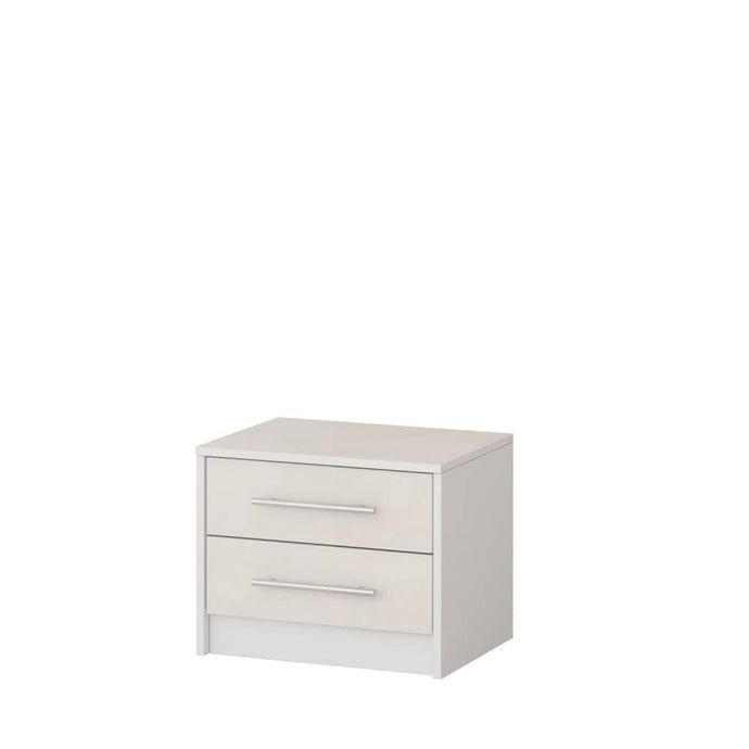 Aurelia Bedside Cabinet Arte-N AURELIA-MI23-G The Aurelia bedside cabinet is the perfect addition to any bedroom, home office, or student dorm. Two drawers, along with a broad top surface, are perfect for storing stuff like magazines, books, alarm clocks other personal items in your reach. Its soft closing hinges ABS edging means it will hle constant use with ease. Built to last, this cabinet has been made from 16mm laminated board that won't crack or chip with time. W50cm x H40cm x D40cm Colour: Front: Sil