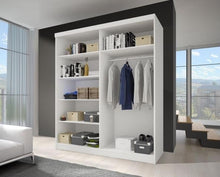 Load image into Gallery viewer, Multi 31 Sliding Mirror Door Wardrobe 183cm Arte-N MULTI31-W-183 This lofty wardrobe from the Multi collection maximizes its storage capacity with a tall stature segregated interior. It sts out with its highly decorative sliding doors, one mirrored the other enjoying a shiny, black gloss décor with contrasting white lining. The Multi 31 features a total of six shelves, three removable in nature, one hanging section. W183cm x H218cm x D61cm Wardrobe with two sliding doors Black Gloss mirror fronts Choice of 