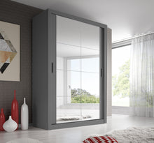 Load image into Gallery viewer, Arti 19 - 2 Sliding Door Wardrobe 120cm Arte-N ARTI AR-19-G Slender lofty, the Arti 19 is aesthetically finished with mirrored fronts black hles on sliding doors. The wardrobe is featured in two colour variants – grey or white. The inside-layout can be personalized with three removable shelves, two hanging rails a pair of large compartments. Compatible with LED lights. W120cm x H215cm x D60cm Colours: Grey Matt White Matt Oak Shetl Two Sliding Doors Mirrors Self-customised inside layout Powered LED lighting