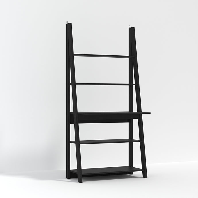 Tiva Ladder Desk Black LPD TIVABLADESK 5036464052076 MDF Colour: Black Dimensions: 1754mm x 840mm x 500mm The latest trend of ladder-style storage hasn't been overlook with the Tiva Ladder Desk. Comprising of beautiful, leaning lines and simple shelving structures, the versatile pieces in the Tiva range can be joined together to form larger media or storage unit. Finished in a stunning mat black and comprising of 3 shelves and a desk area, this is ideal for creating simple shelving or display areas around t