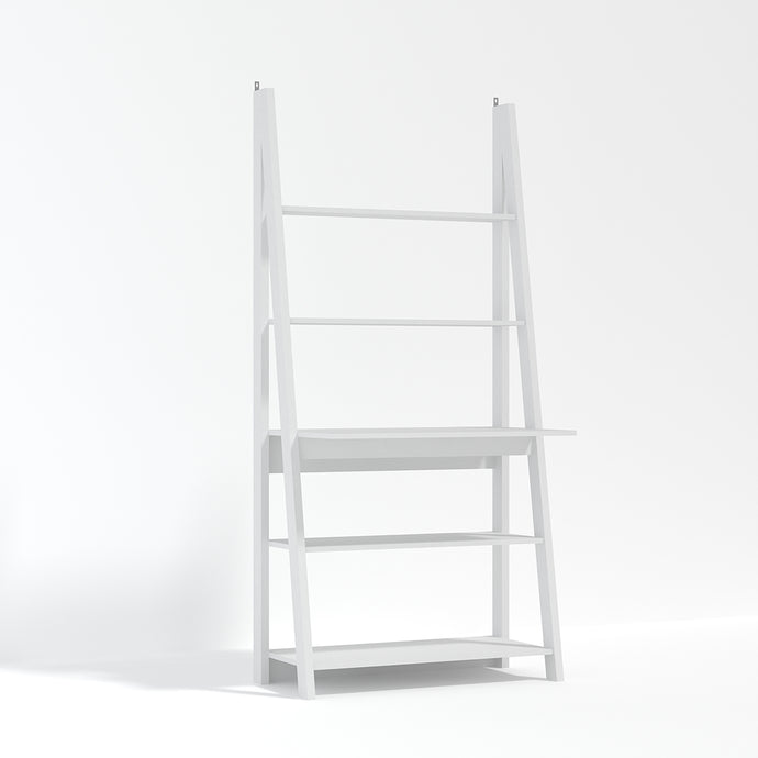 Tiva Ladder Desk White LPD TIVAWHIDESK 5036464033099 MDF Colour: White Dimensions: 1754mm x 840mm x 500mm The latest trend of ladder-style storage hasn't been overlook with the Tiva Ladder Desk. Comprising of beautiful, leaning lines and simple shelving structures, the versatile pieces in the Tiva range can be joined together to form larger media or storage unit. Finished in a stunning white and comprising of 3 shelves and a desk area, this is ideal for creating simple shelving or display areas around the h