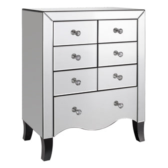 Valentina 7 Drawer Mirrored Chest LPD VALEN7DR 5036464041117 Glass Colour: Mirror Dimensions: 805mm x 615mm x 340mm Adding light and whimsical beauty has never been easier with the introduction of the Valentina 7 Drawer Chest. Comprised of 7 drawers, 1 large and 6 equal sized, the crystal effect handles and matching mirrored carcass and top, rest elegantly on black bowed legs. Reflecting light around any space this classically shaped piece of furniture is perfect for bringing on-trend glamour into your livi