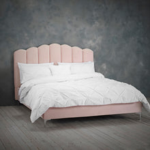 Load image into Gallery viewer, Willow Double Bed Pink LPD WILLOWPIN4.6* 5036464067445 Polyester Colour: Pink Dimensions: 1250mm x 1410mm x 2075mm Introducing the new Willow bed to our collection of fabric beds. This deep fluted petal design bed is upholstered in a sumptuous velvet with a choice of 2 colours, shell pink or soft silver.
