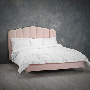 Willow Double Bed Pink LPD WILLOWPIN4.6* 5036464067445 Polyester Colour: Pink Dimensions: 1250mm x 1410mm x 2075mm Introducing the new Willow bed to our collection of fabric beds. This deep fluted petal design bed is upholstered in a sumptuous velvet with a choice of 2 colours, shell pink or soft silver.