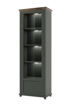 Load image into Gallery viewer, Evora 05 Tall Display Cabinet [Left] Arte-N 24ZRJU05 Discover the beauty of a traditional display cabinet with this stunning piece from Evora. With partially-glazed hinged door five compartments, it has all your needs covered. Its stunning oak finish makes this cabinet both elegant welcoming. Boasting a sturdy 16mm laminated board carcass, this high quality unit takes pride of place in any modern home. W71cm x H200cm x D42cm Colours: Green Oak Lefkas Abisko Ash Oak Lefkas Partially Glassed Door Three Shelve