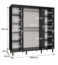 Load image into Gallery viewer, Avesta II Sliding Door Wardrobe 200cm Arte-N CALIPSO WAVE 2 200 B W200cm x H208cm x D62cm Colour: White Black Two Sliding Doors [One Mirrored] Two Hanging Rails Nine Shelves Optional Drawers [Purchased Separately] Gold Plastic Hles Wooden Legs Edges PVC Finished MDF Milled Front Made from 16mm high-quality laminated board Assembly Required Weight: 174kg Estimated Direct Home Delivery Time: 4-5 Weeks