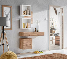 Load image into Gallery viewer, Easy III Hallway Set Arte-N WTW EY3 This elegant hallway furniture set will bring a touch of charm colour to your home. Perfect for storage or display, it features one mountable drawer, a floating one-compartment cabinet, a wall panel with two square shelves. Finished in a beautiful combination of timeless Oak Wotan universal white matt. Total W100cm x H170cm x D30cm Colour: Oak Wotan White Matt Two Open Compartments One Drawer One Closed Compartment Made from 16mm high-quality laminated board Assembly Requ