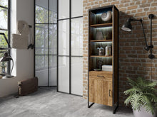 Load image into Gallery viewer, Tarabo 05 Display Cabinet Arte-N 24ABJH05 This modern display cabinet will add a great sense of style to your home as it is built with high-quality craftsmanship. With four open compartments, one drawer one hinged door for storage, it will ensure that you can keep all your essentials prized possessions together in a neat organised manner. Completed with metal legs finished in the timeless Oak Canyon to complement any modern décor. W54cm x H212cm x D40cm Colours: Frame: Black Matt Oak Canyon Decor Black Meta