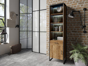 Tarabo 05 Display Cabinet Arte-N 24ABJH05 This modern display cabinet will add a great sense of style to your home as it is built with high-quality craftsmanship. With four open compartments, one drawer one hinged door for storage, it will ensure that you can keep all your essentials prized possessions together in a neat organised manner. Completed with metal legs finished in the timeless Oak Canyon to complement any modern décor. W54cm x H212cm x D40cm Colours: Frame: Black Matt Oak Canyon Decor Black Meta