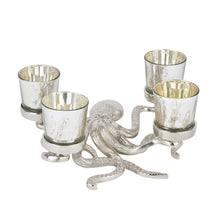 Load image into Gallery viewer, Silver Octopus Four Tealight Holder in SILVER Hill Interiors 22225 5050140222584 Dimensions: 8cm x 24cm x 30cm Weight: 0.9kg Volume: 0.06CBM This is the Silver Octopus Four Tealight Holder. A stylish and beautifully detailed silver octopus, holds four handcrafted glass votives within its eight legs, protecting your favourite tealight candle&#39;s flame. Individually handcrafted with beautiful detailing, it will elevate any space. Simply fill with your favourite candle and enjoy! Compatible with our three wick, 