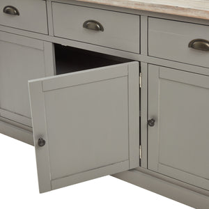 The Oxley Collection Sideboard in GREY Hill Interiors 22535 5050140253588 Timeless and durable Versatile colourway Handcrafted White glove delivery Dimensions: 90cm x 153cm x 48cm Weight: 46kg Volume: 0.79CBM The Oxley Collection Sideboard is perfect for display as well as storage. A washed wood plank surface blended with a body in a warm grey hue deliver a relaxed, informal feel to any space. Stylish as well as functional, this high quality item would be equally at home in traditional and contemporary styl