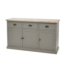 Load image into Gallery viewer, The Oxley Collection Sideboard in GREY Hill Interiors 22535 5050140253588 Timeless and durable Versatile colourway Handcrafted White glove delivery Dimensions: 90cm x 153cm x 48cm Weight: 46kg Volume: 0.79CBM The Oxley Collection Sideboard is perfect for display as well as storage. A washed wood plank surface blended with a body in a warm grey hue deliver a relaxed, informal feel to any space. Stylish as well as functional, this high quality item would be equally at home in traditional and contemporary styl