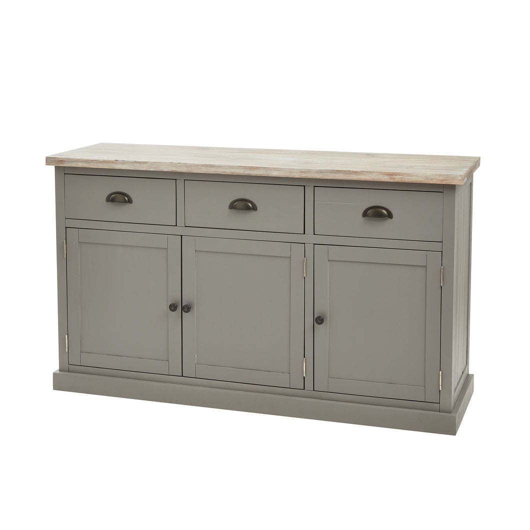 The Oxley Collection Sideboard in GREY Hill Interiors 22535 5050140253588 Timeless and durable Versatile colourway Handcrafted White glove delivery Dimensions: 90cm x 153cm x 48cm Weight: 46kg Volume: 0.79CBM The Oxley Collection Sideboard is perfect for display as well as storage. A washed wood plank surface blended with a body in a warm grey hue deliver a relaxed, informal feel to any space. Stylish as well as functional, this high quality item would be equally at home in traditional and contemporary styl