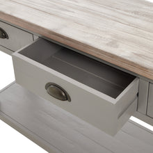 Load image into Gallery viewer, The Oxley Collection Three Drawer Console Table in GREY Hill Interiors 22537 5050140253786 Timeless and durable Versatile colourway Handcrafted White glove delivery Dimensions: 78cm x 150cm x 40cm Weight: 33kg Volume: 0.26CBM The Oxley Collection Three Drawer Console Table is perfect for display as well as storage. A washed wood plank surface blended with a frame in a warm grey hue deliver a relaxed, informal feel to any space. Stylish as well as functional, this high quality item would be equally at home i