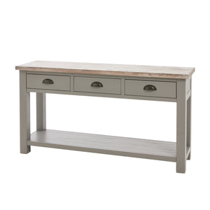 The Oxley Collection Three Drawer Console Table in GREY Hill Interiors 22537 5050140253786 Timeless and durable Versatile colourway Handcrafted White glove delivery Dimensions: 78cm x 150cm x 40cm Weight: 33kg Volume: 0.26CBM The Oxley Collection Three Drawer Console Table is perfect for display as well as storage. A washed wood plank surface blended with a frame in a warm grey hue deliver a relaxed, informal feel to any space. Stylish as well as functional, this high quality item would be equally at home i