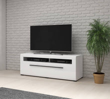 Load image into Gallery viewer, Tulsa 41 TV Cabinet 140cm Arte-N 2497FJ41 Give your living room or bedroom an understatedly elegant look with this functional TV cabinet. It offers one large double-drawer, as well as an open compartment for storage, is available in two different colours – white gloss Oak Grson. It is crafted from 16mm laminated board, offering both good looks practicality. W140cm x H52cm x D50cm Colour: Front: White Gloss Carcass: White Matt Oak Grson Powered LED lighting is included Matching furniture available Made from 