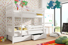 Load image into Gallery viewer, Wooden Bunk Bed Gabi with Storage Arte-N BUNK-GABI-WHITE-R-NM The Gabi bunk bed features a universal ladder that can fit on either side to support even the tallest of kids. The ladder also adds privacy if your child wants to escape to the top bunk. When it&#39;s time for a good night&#39;s sleep, Gabi’s unique no-wobble corner posts ensure that your bed is sturdy safe. In addition, two under-bed drawers provide storage to keep clutter off the floor. W198cm x H164cm x D98cm The distance (bed clearance height) betwee
