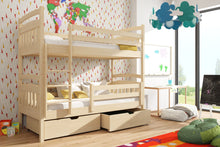 Load image into Gallery viewer, Wooden Bunk Bed Gabi with Storage Arte-N BUNK-GABI-WHITE-R-NM The Gabi bunk bed features a universal ladder that can fit on either side to support even the tallest of kids. The ladder also adds privacy if your child wants to escape to the top bunk. When it&#39;s time for a good night&#39;s sleep, Gabi’s unique no-wobble corner posts ensure that your bed is sturdy safe. In addition, two under-bed drawers provide storage to keep clutter off the floor. W198cm x H164cm x D98cm The distance (bed clearance height) betwee