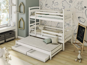 Wooden Bunk Bed Alan with Trundle Storage Arte-N BUNK-ALAN-WHITE-R-NM Alan is a premium quality, durable bunk bed. It is equipped with a universal ladder storage drawers that will strengthen your child's independent ability eliminate time-consuming tidying. To accommodate more siblings in a single room or arrange sleeping space for guests, this bed also comes with a trundle. W198cm x H164cm x D98cm The distance (bed clearance height) between the bottom the top bed is 73.5cm. The gaps between safety guard pa