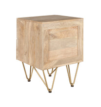 Load image into Gallery viewer, Light Gold 2 Drawer Side Table Indian Hub BRC01 7625987861753 Dimensions: 60cm x 45cm x 40cm (Height x Width x Depth) Drawer/Cupboard: 12 5x37x30 Solid Mango Wood Gold metal inlays Eco-Friendly wood used Partial Assembly required Colour variations due to natural wood colour Made in INDIA This modern contemporary style furniture combining metal inlay on solid wood creating an abstract style is taking the furniture making to a whole new level The angled legs made of metal adds to the retro vintage look