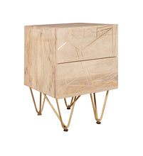 Load image into Gallery viewer, Light Gold 2 Drawer Side Table Indian Hub BRC01 7625987861753 Dimensions: 60cm x 45cm x 40cm (Height x Width x Depth) Drawer/Cupboard: 12 5x37x30 Solid Mango Wood Gold metal inlays Eco-Friendly wood used Partial Assembly required Colour variations due to natural wood colour Made in INDIA This modern contemporary style furniture combining metal inlay on solid wood creating an abstract style is taking the furniture making to a whole new level The angled legs made of metal adds to the retro vintage look