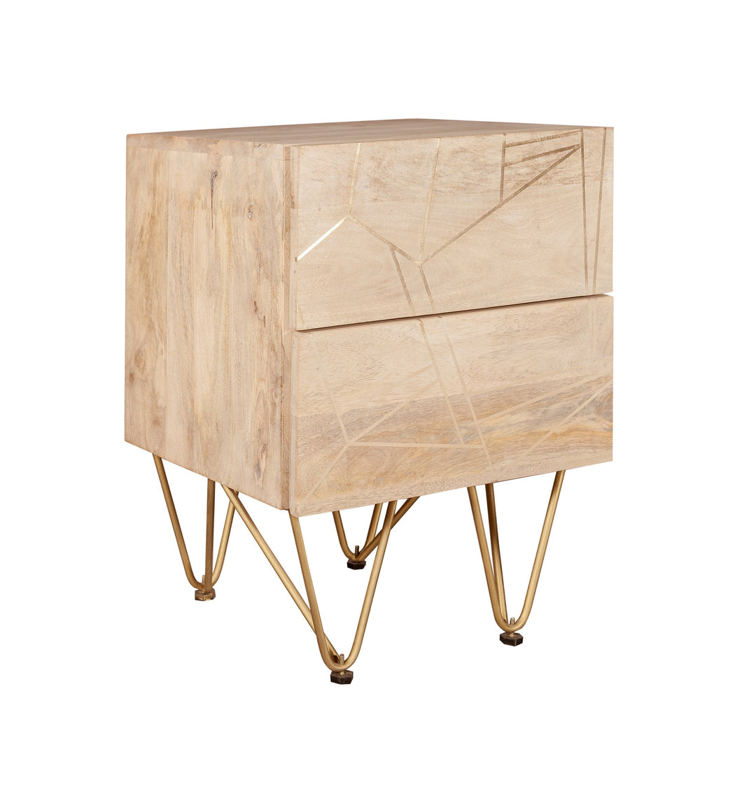 Light Gold 2 Drawer Side Table Indian Hub BRC01 7625987861753 Dimensions: 60cm x 45cm x 40cm (Height x Width x Depth) Drawer/Cupboard: 12 5x37x30 Solid Mango Wood Gold metal inlays Eco-Friendly wood used Partial Assembly required Colour variations due to natural wood colour Made in INDIA This modern contemporary style furniture combining metal inlay on solid wood creating an abstract style is taking the furniture making to a whole new level The angled legs made of metal adds to the retro vintage look