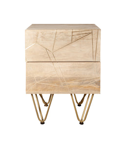 Light Gold 2 Drawer Side Table Indian Hub BRC01 7625987861753 Dimensions: 60cm x 45cm x 40cm (Height x Width x Depth) Drawer/Cupboard: 12 5x37x30 Solid Mango Wood Gold metal inlays Eco-Friendly wood used Partial Assembly required Colour variations due to natural wood colour Made in INDIA This modern contemporary style furniture combining metal inlay on solid wood creating an abstract style is taking the furniture making to a whole new level The angled legs made of metal adds to the retro vintage look