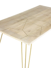 Load image into Gallery viewer, Light Gold Dining Table Indian Hub BRC08 7625987873725 Dimensions: 76cm x 160cm x 85cm (Height x Width x Depth) Drawer/Cupboard: Table top thickness: 3 cm Solid Mango Wood Gold metal inlays Eco-Friendly wood used Partial Assembly required Colour variations due to natural wood colour Made in INDIA This modern contemporary style furniture combining metal inlay on solid wood creating an abstract style is taking the furniture making to a whole new level The angled legs made of metal adds to the retro vintage lo