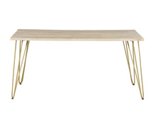 Load image into Gallery viewer, Light Gold Dining Table Indian Hub BRC08 7625987873725 Dimensions: 76cm x 160cm x 85cm (Height x Width x Depth) Drawer/Cupboard: Table top thickness: 3 cm Solid Mango Wood Gold metal inlays Eco-Friendly wood used Partial Assembly required Colour variations due to natural wood colour Made in INDIA This modern contemporary style furniture combining metal inlay on solid wood creating an abstract style is taking the furniture making to a whole new level The angled legs made of metal adds to the retro vintage lo