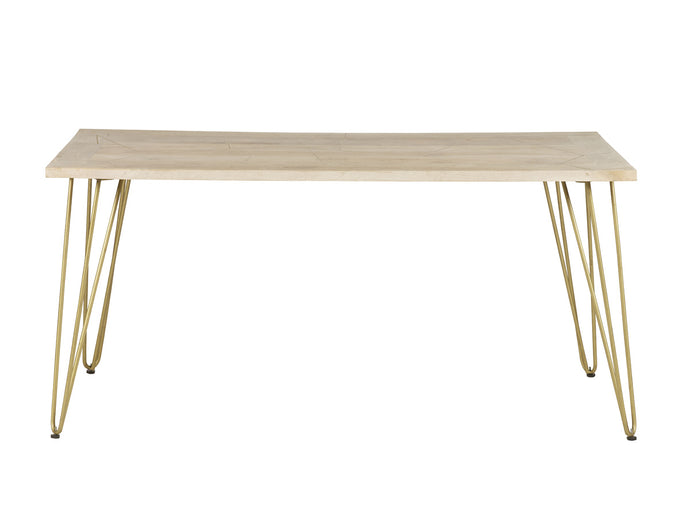 Light Gold Dining Table Indian Hub BRC08 7625987873725 Dimensions: 76cm x 160cm x 85cm (Height x Width x Depth) Drawer/Cupboard: Table top thickness: 3 cm Solid Mango Wood Gold metal inlays Eco-Friendly wood used Partial Assembly required Colour variations due to natural wood colour Made in INDIA This modern contemporary style furniture combining metal inlay on solid wood creating an abstract style is taking the furniture making to a whole new level The angled legs made of metal adds to the retro vintage lo