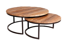 Load image into Gallery viewer, ROUND RAILWAY SLEEPER SET OF 2 COFFEE TABLES Indian Hub COT05 7625988243077 Dimensions: 38cm x 90cm x 90cm (Height x Width x Depth) Set of 2 Round coffee tables made from railway sleepers Fully Assembled Reclaimed railway sleeper Reclaimed metal base Made in INDIA 0