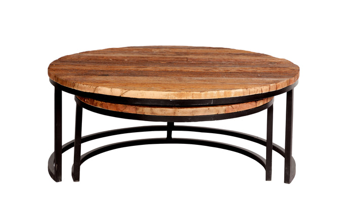 ROUND RAILWAY SLEEPER SET OF 2 COFFEE TABLES Indian Hub COT05 7625988243077 Dimensions: 38cm x 90cm x 90cm (Height x Width x Depth) Set of 2 Round coffee tables made from railway sleepers Fully Assembled Reclaimed railway sleeper Reclaimed metal base Made in INDIA 0