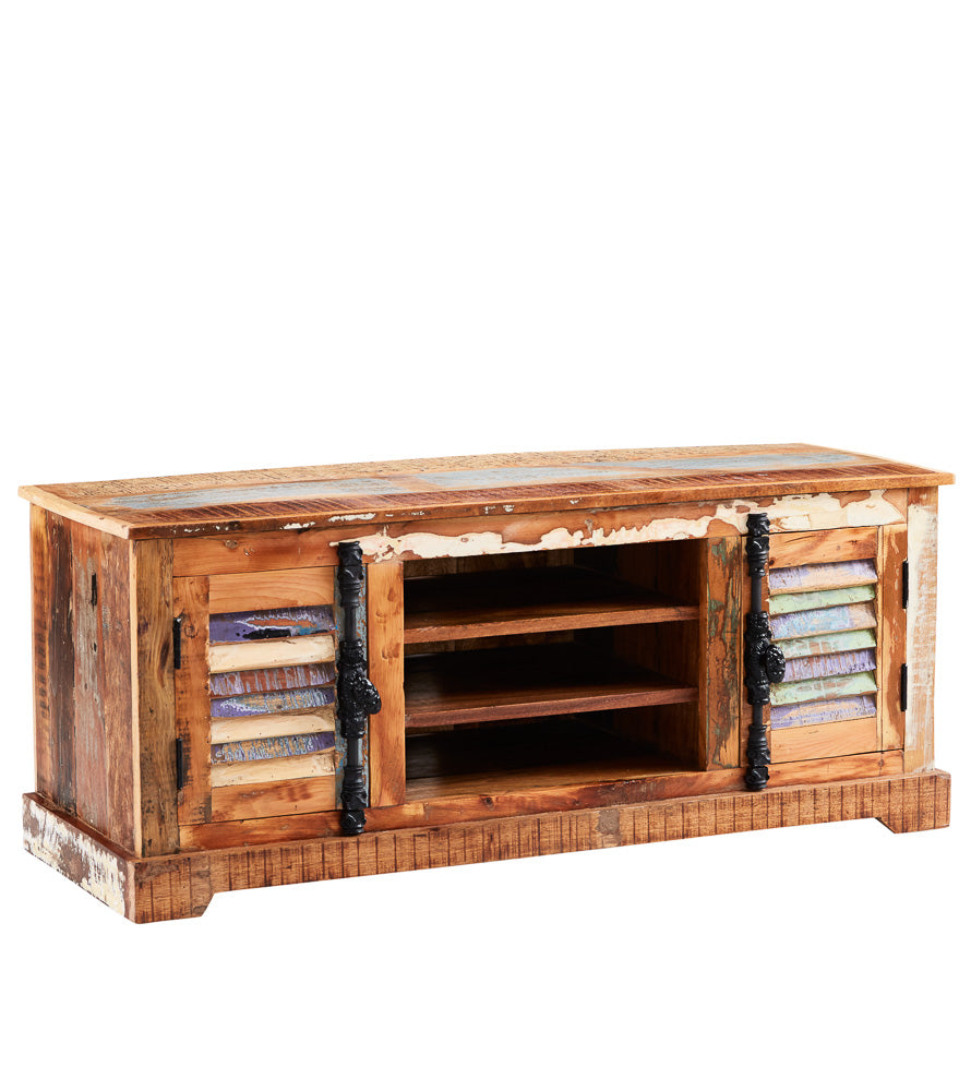 COASTAL TV CABINET Indian Hub CS08 5051132946280 Dimensions: 52cm x 125cm x 45cm (Height x Width x Depth) Reclaimed Wood Fully Assembled Eco Friendly wood used White glove delivery Made in INDIA The Coastal Collection is made from 100% solid reclaimed wood featuring rustic markings and colour variations of the different woods used Each piece is hand finished sturdy and durable