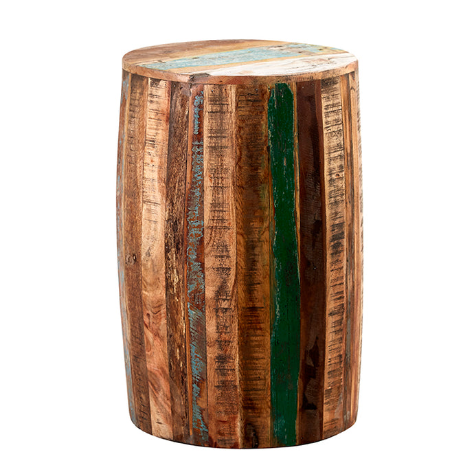 COASTAL DRUM STOOL Indian Hub CS22 5051132946402 Dimensions: 60cm x 38cm x 38cm (Height x Width x Depth) Reclaimed Wood Fully Assembled Eco Friendly wood used Made in INDIA The Coastal Collection is made from 100% solid reclaimed wood featuring rustic markings and colour variations of the different woods used Each piece is hand finished sturdy and durable